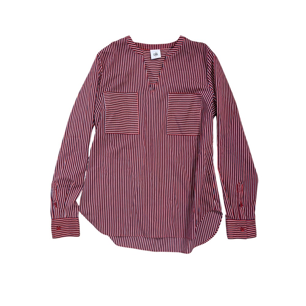 Cabi 5335 Red White Blue Striped Split V-Neck Blouse Womens Small Long Sleeve
